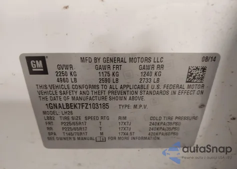 2015 Chevrolet Equinox 1Lt из США, поврежденный, VIN 1GNALBEK7FZ103185